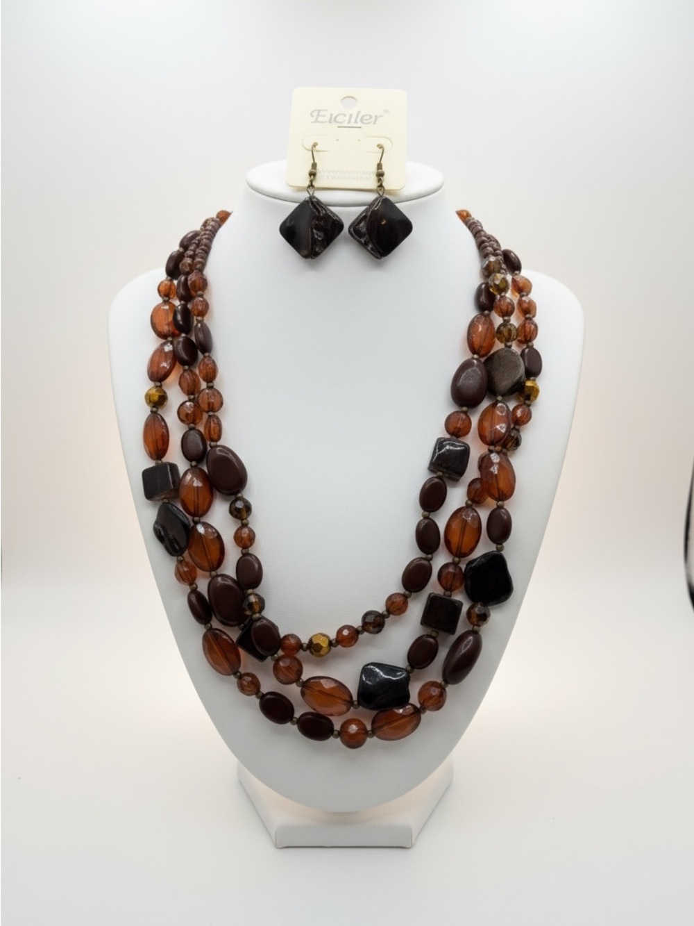 EsMor Brown Amber Multi Strand Beaded Necklace & Earrings Set NWT